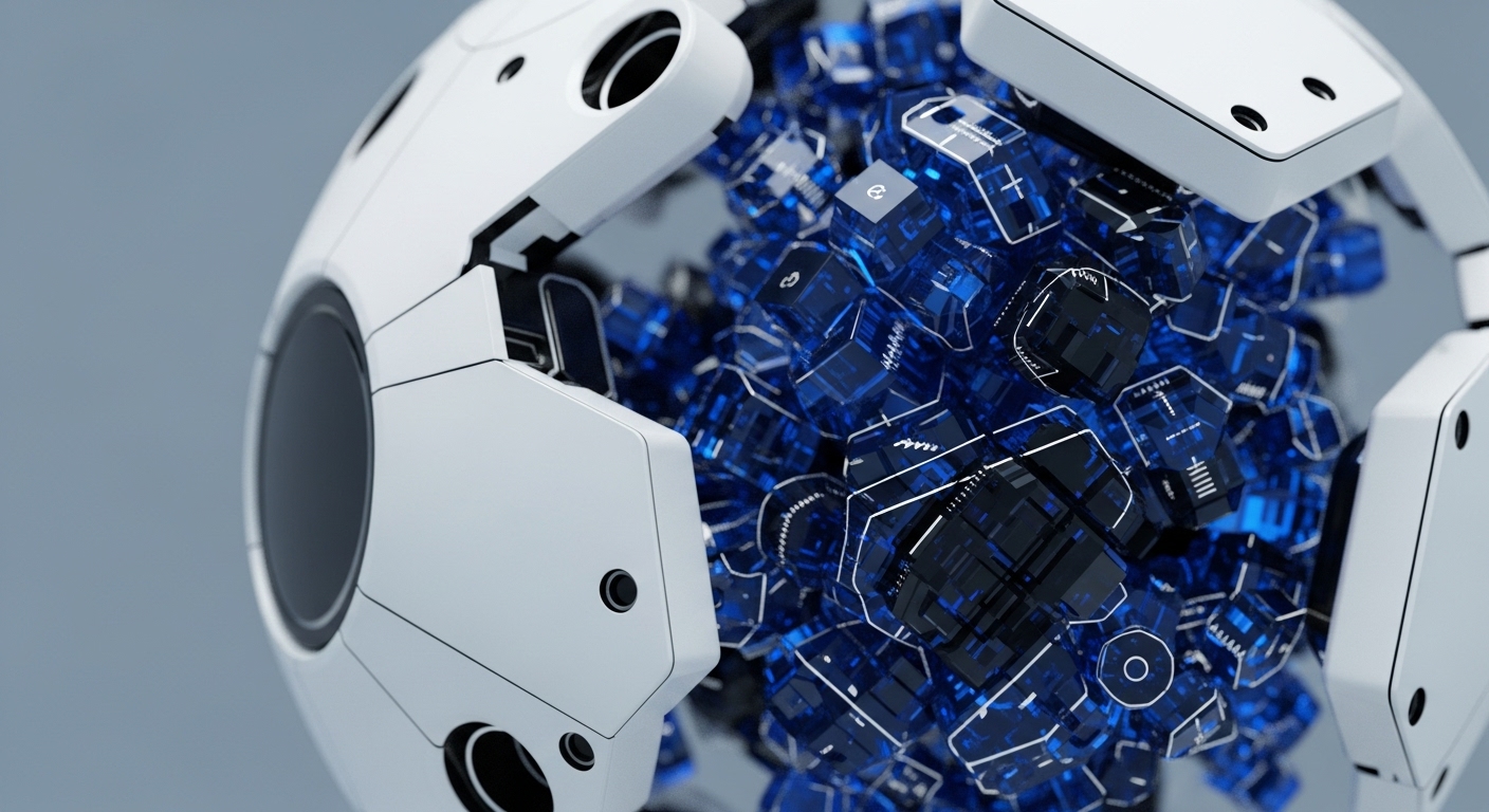 A futuristic, multi-segmented white sphere is shown partially open, revealing a dense cluster of glowing blue, translucent cubic forms within its core. These internal cubes feature intricate white line patterns and symbols, suggesting complex data structures
