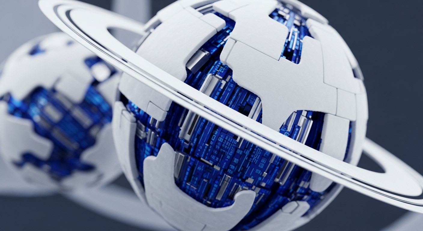 A detailed view of two futuristic, spherical objects, resembling planets with intricate rings, set against a muted background. The primary sphere features a segmented white exterior revealing a glowing blue digital core