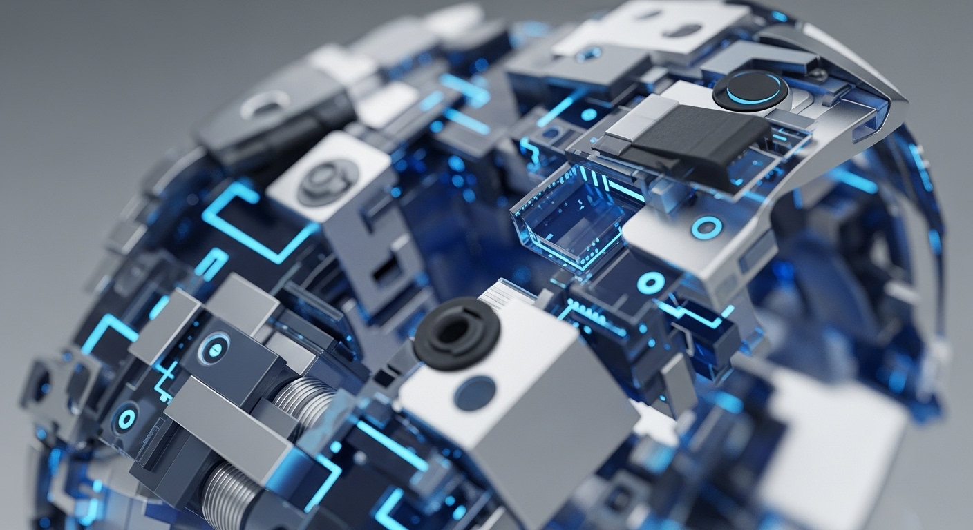 The image displays a detailed, close-up perspective of a sophisticated, modular structure composed of metallic and dark grey components. Vibrant blue light emanates from interconnected pathways and circular nodes, suggesting dynamic energy or data transmission within the intricate system