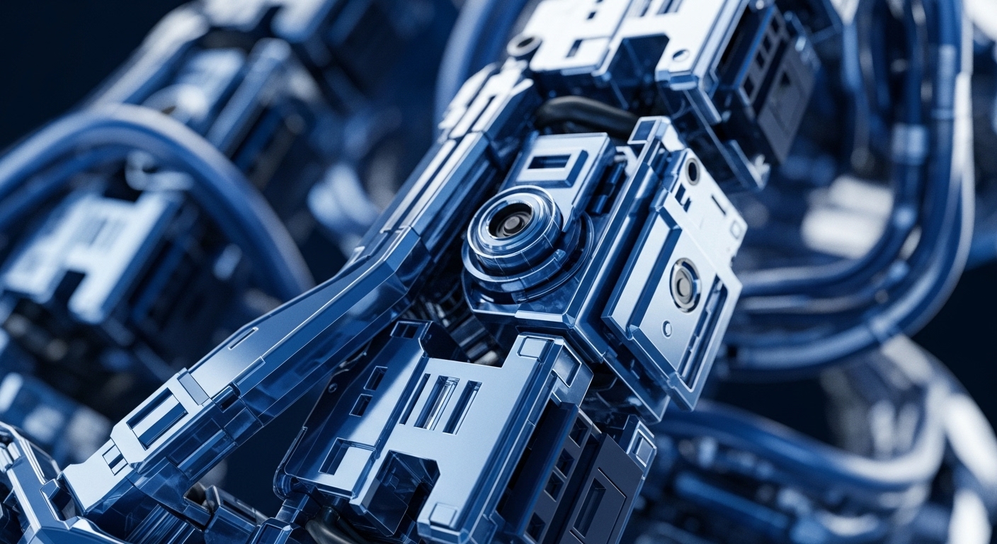 A highly detailed, metallic blue robotic arm or intricate mechanical structure is prominently displayed, featuring interconnected components, visible wiring, and a central lens-like sensor. The polished surfaces reflect light, highlighting the advanced engineering and precision of its design