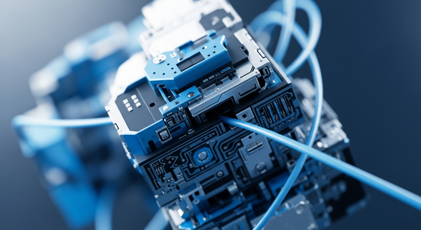 Abstract digital infrastructure depicts interconnected modular components, featuring intricate circuit board details and vibrant blue data conduits. This visual metaphor illustrates a robust distributed ledger technology DLT network, emphasizing its underlying node architecture and the complex consensus mechanisms required for transaction validation. The bright blue cables signify secure cross-chain communication pathways, vital for interoperability protocols across diverse blockchain ecosystems, driving scalable Web3 infrastructure development.