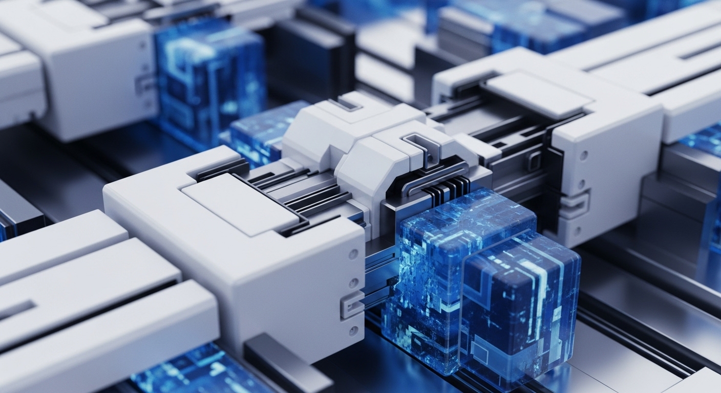 The image displays a complex network of white, modular components connected by silver tracks, featuring glowing blue translucent cubes interspersed throughout the system. These cubes appear to be actively processing or transferring digital information within the intricate structure
