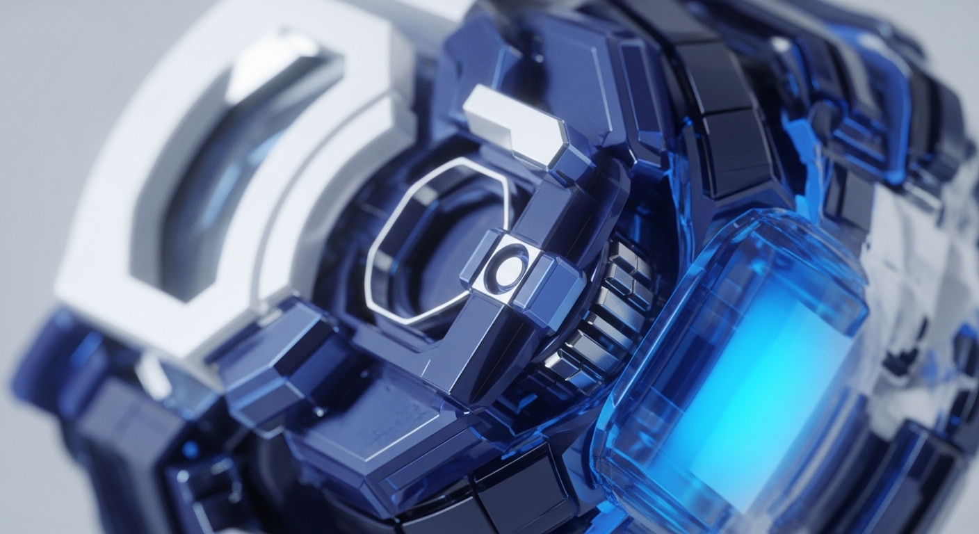 The image displays a highly detailed, futuristic hardware module, characterized by its sharp angles, polished dark blue and white surfaces, and metallic highlights. A central, luminous cyan component emits a bright glow, indicating active processing