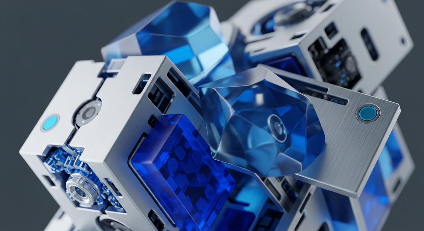 Interconnected metallic cube-like modules are clustered with faceted, translucent blue crystal structures against a dark background. Visible within some modules are intricate internal mechanisms, including gears and circuit board elements, alongside light blue circular indicators on brushed metal surfaces