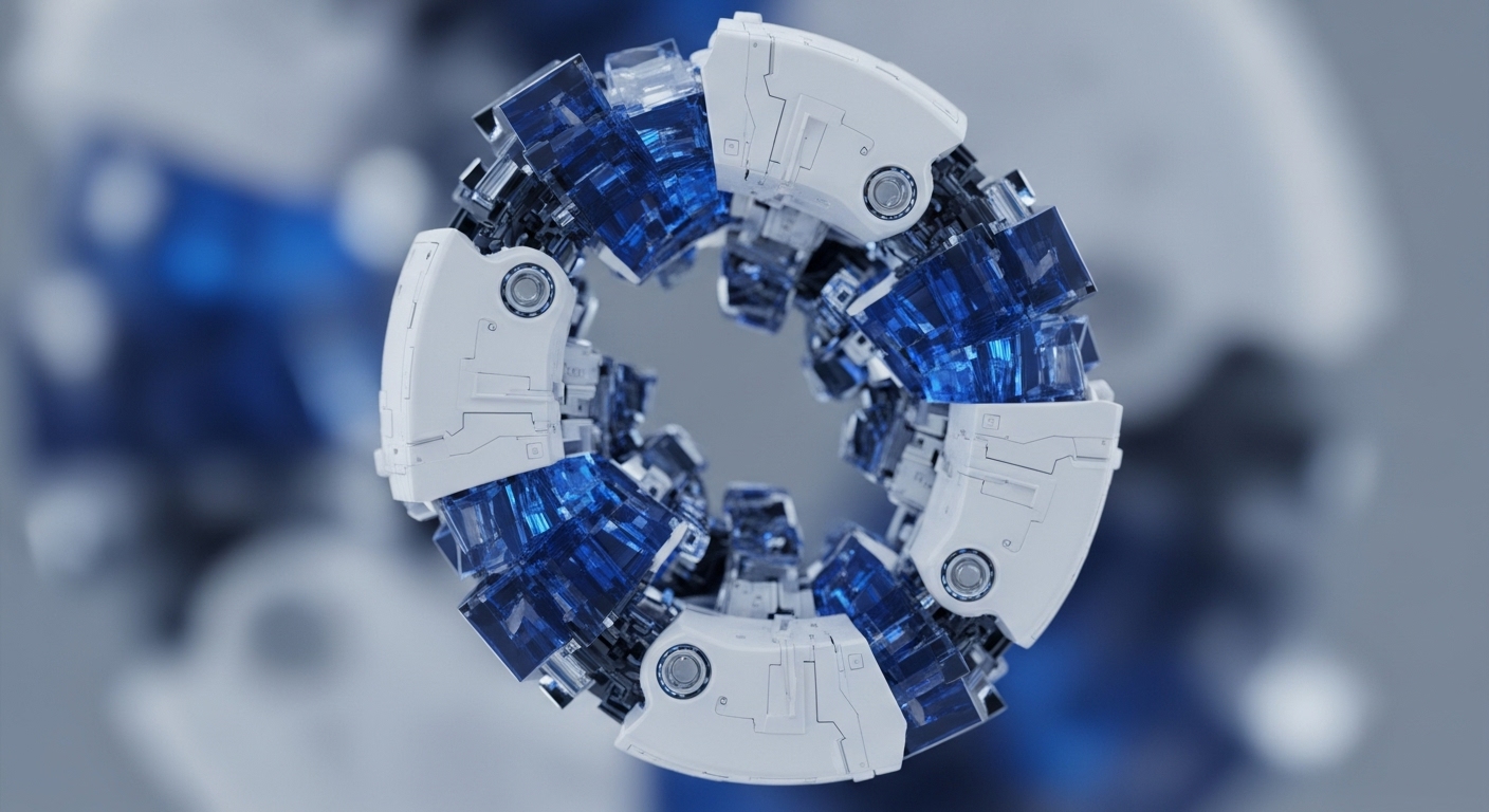 A detailed render showcases a complex, circular mechanism centered against a blurred grey and blue background. The toroidal structure is comprised of alternating white, segmented mechanical panels and transparent, glowing blue cubic elements