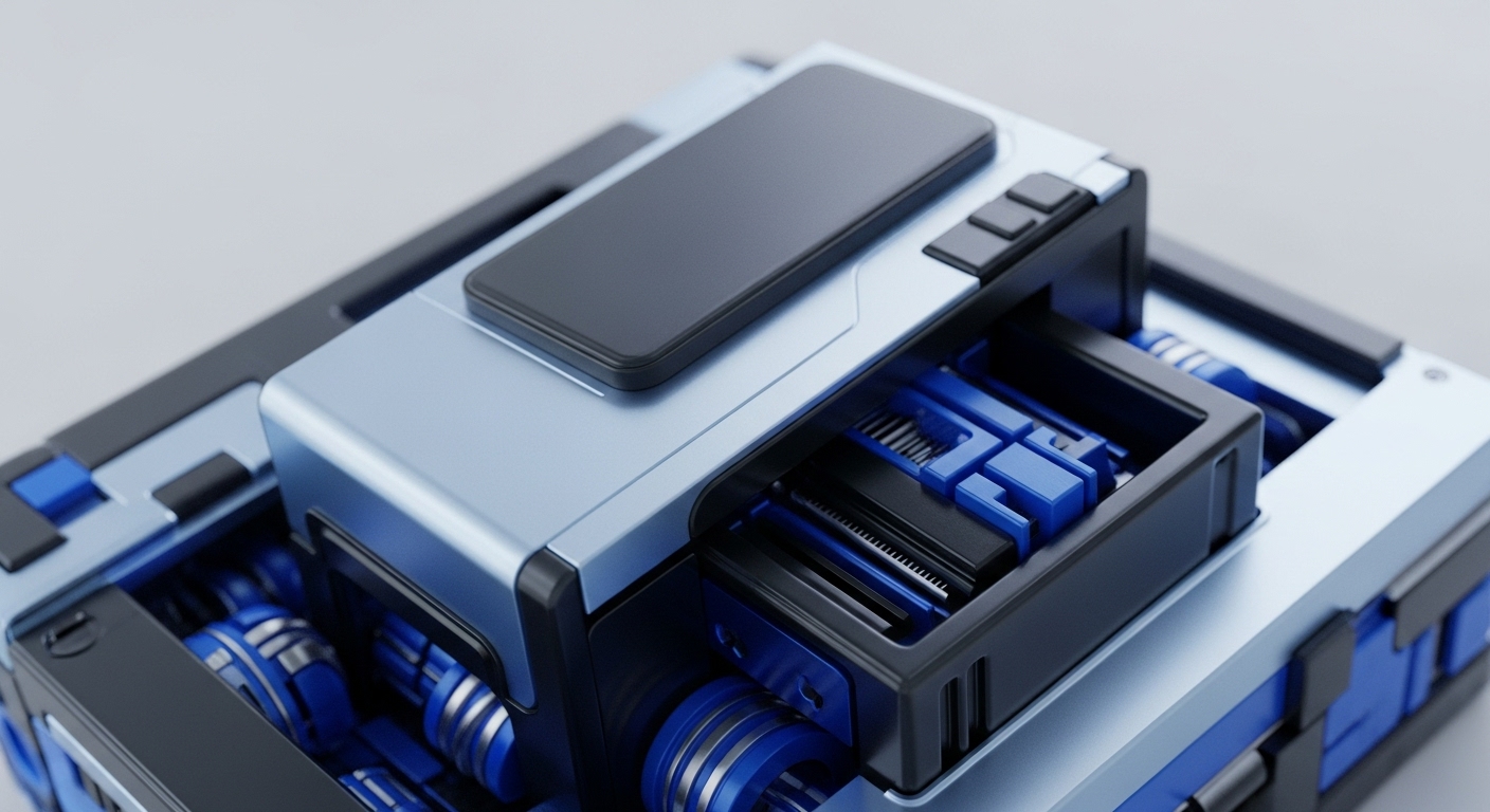 This detailed perspective captures a sleek, modular device displaying exposed internal engineering. The central light blue unit features a dark, reflective display surface, flanked by dark gray and black structural elements that reveal complex blue and silver mechanical components, including visible gears and piston-like structures