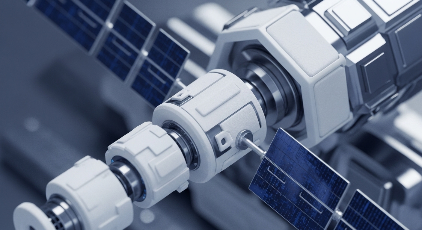 The image showcases a highly detailed, futuristic white and metallic modular structure, resembling a satellite or advanced scientific instrument, featuring several blue-hued solar panel arrays. Its intricate components are precisely interconnected, highlighting sophisticated engineering and design