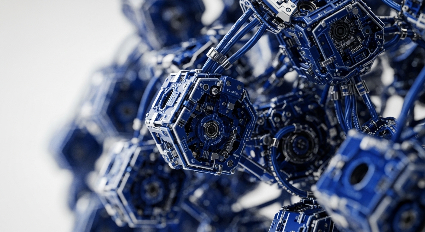 An array of interconnected deep blue hexagonal modules is prominently featured, each intricately detailed with metallic components and a central circular element. Numerous blue cables link these modules, forming a complex, distributed structure against a soft white background