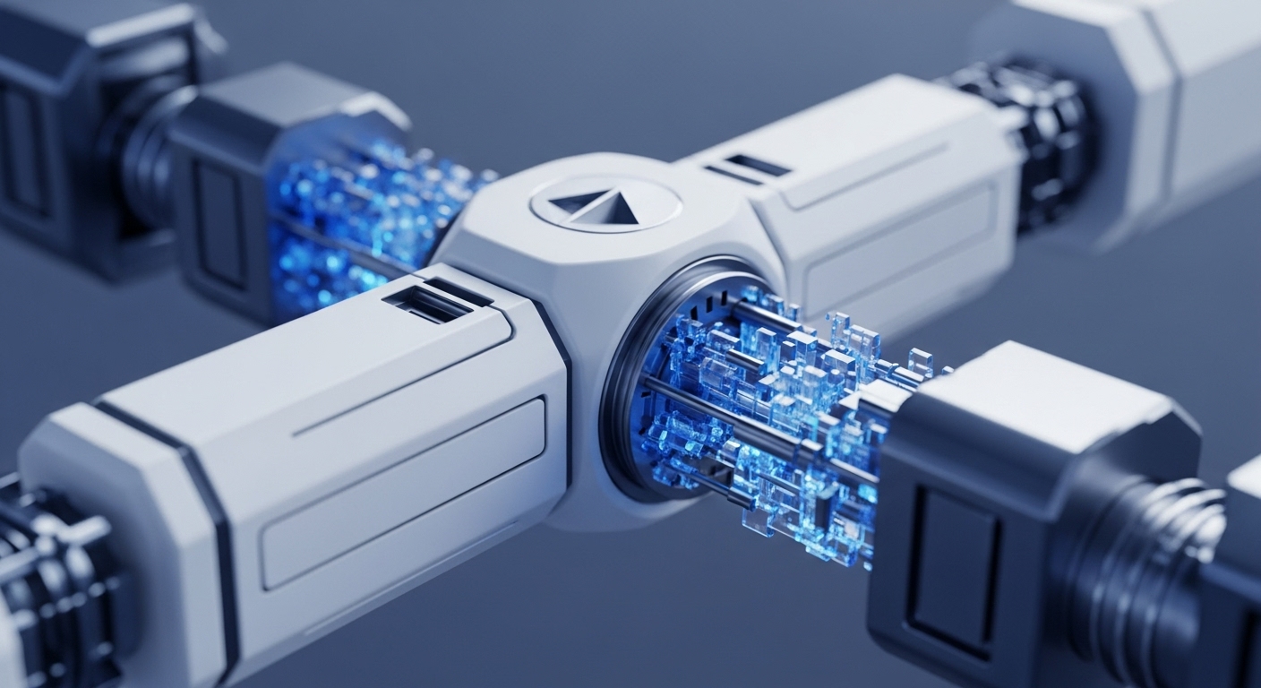 White and dark grey modular components form an interconnected hub. Blue, glowing, cubic data streams visibly traverse the internal connections, illustrating digital information exchange. The central nexus, marked with a triangular symbol, acts as a decentralized network node facilitating cross-chain interoperability. These protocol architecture elements represent distributed ledger technology DLT processing cryptographic data packets. The transaction throughput is visualized as luminous digital assets flowing between validator nodes, underpinning Web3 infrastructure and potential layer-2 solutions for enhanced scalability and atomic swaps within a tokenized economy.