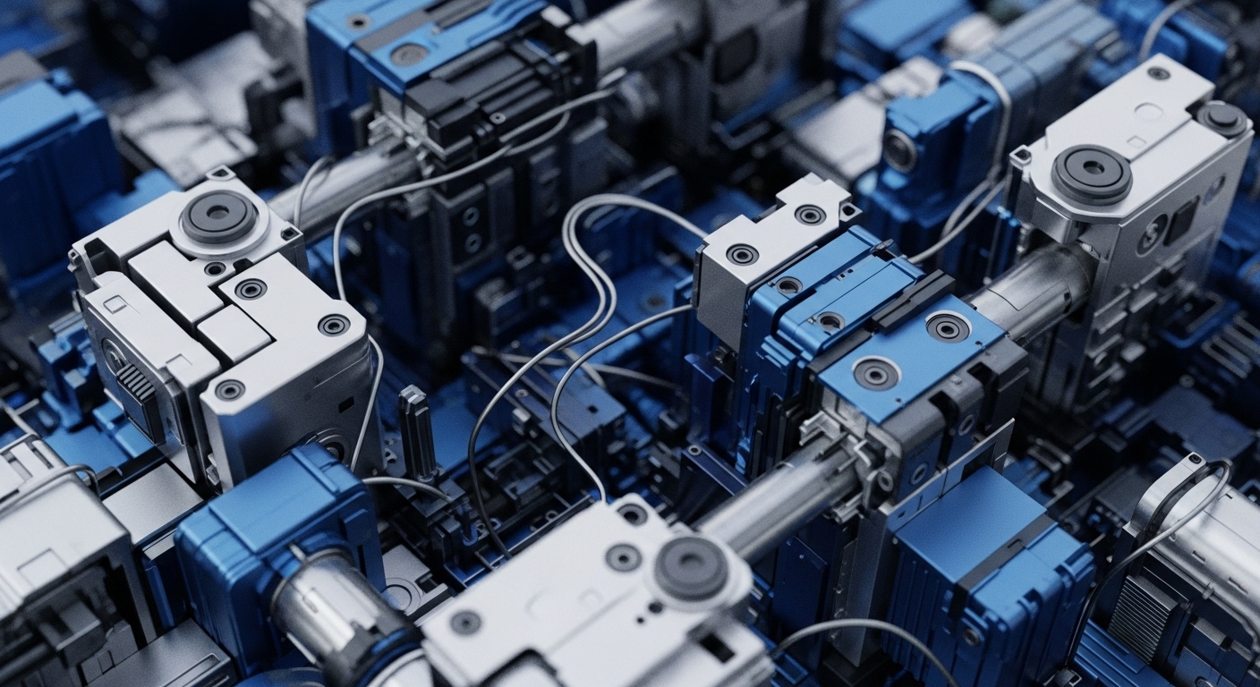 An intricate network of interconnected silver and blue metallic components forms a complex distributed computing system. This modular blockchain architecture features robust validator nodes, crucial for maintaining network decentralization and achieving high transaction throughput. Wires and cylindrical conduits facilitate data integrity and cryptographic hashing operations across the DLT infrastructure. These specialized units, potentially representing Proof-of-Stake or Proof-of-Work hardware, execute smart contract logic and contribute to consensus mechanism validation, ensuring robust on-chain governance and scalability.