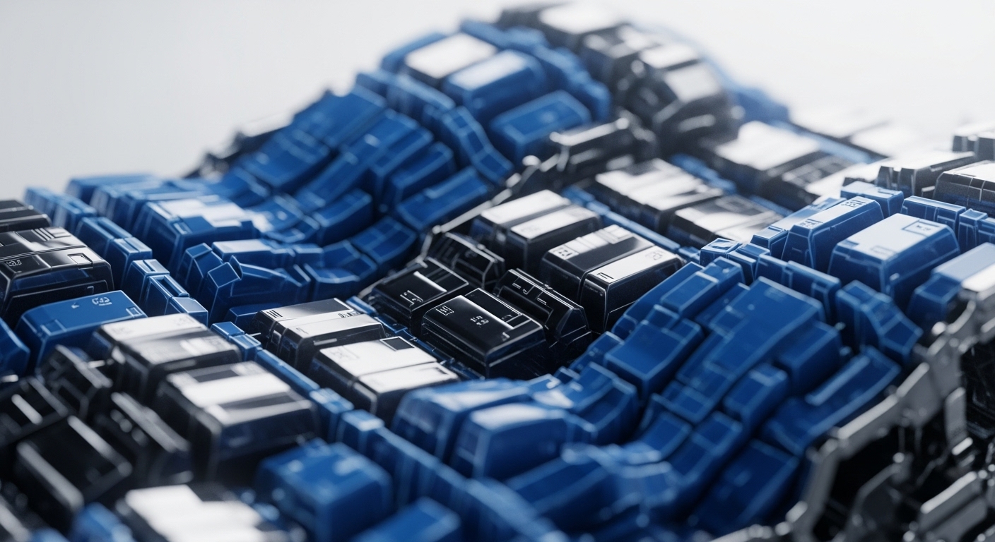 A close-up, shallow depth-of-field view reveals a textured, undulating surface. This surface is composed of numerous rectangular, block-like units, primarily in shades of deep blue and dark grey/black, arranged in an interconnected grid