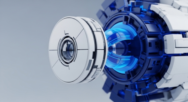 A sophisticated, white modular component featuring a central lens or sensor aligns with a complex blue and white blockchain architecture processing unit. The glowing blue core within the larger mechanism suggests active data immutability and cryptographic security operations. This interaction visually represents a decentralized protocol facilitating secure cross-chain communication or an oracle network integrating off-chain data. The precision engineering emphasizes robust enterprise blockchain solutions and smart contract execution within a secure digital asset ecosystem.