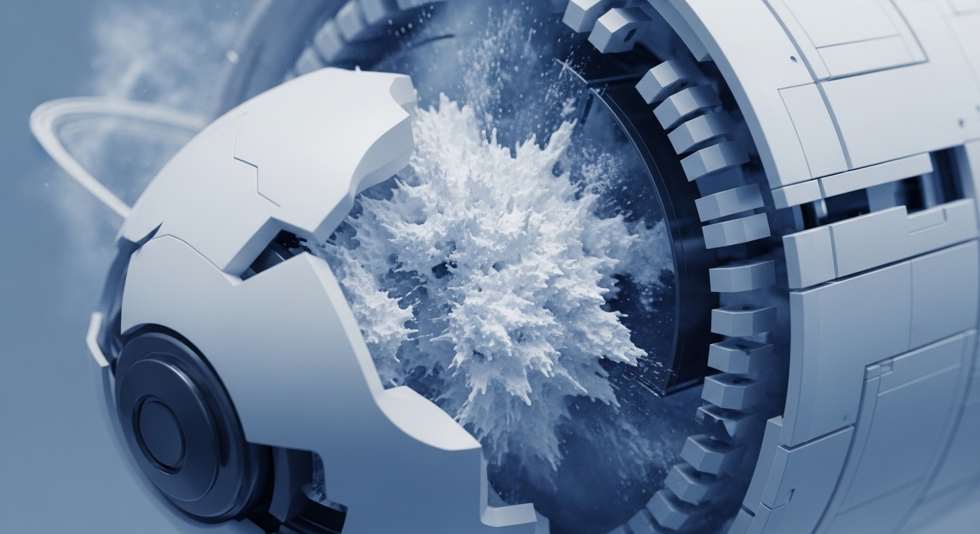 A sophisticated, partially disassembled spherical machine with clean white paneling showcases a violent internal explosion of white, granular particles. The mechanical structure features segmented components and a prominent circular element in the background, all rendered in cool blue and white tones