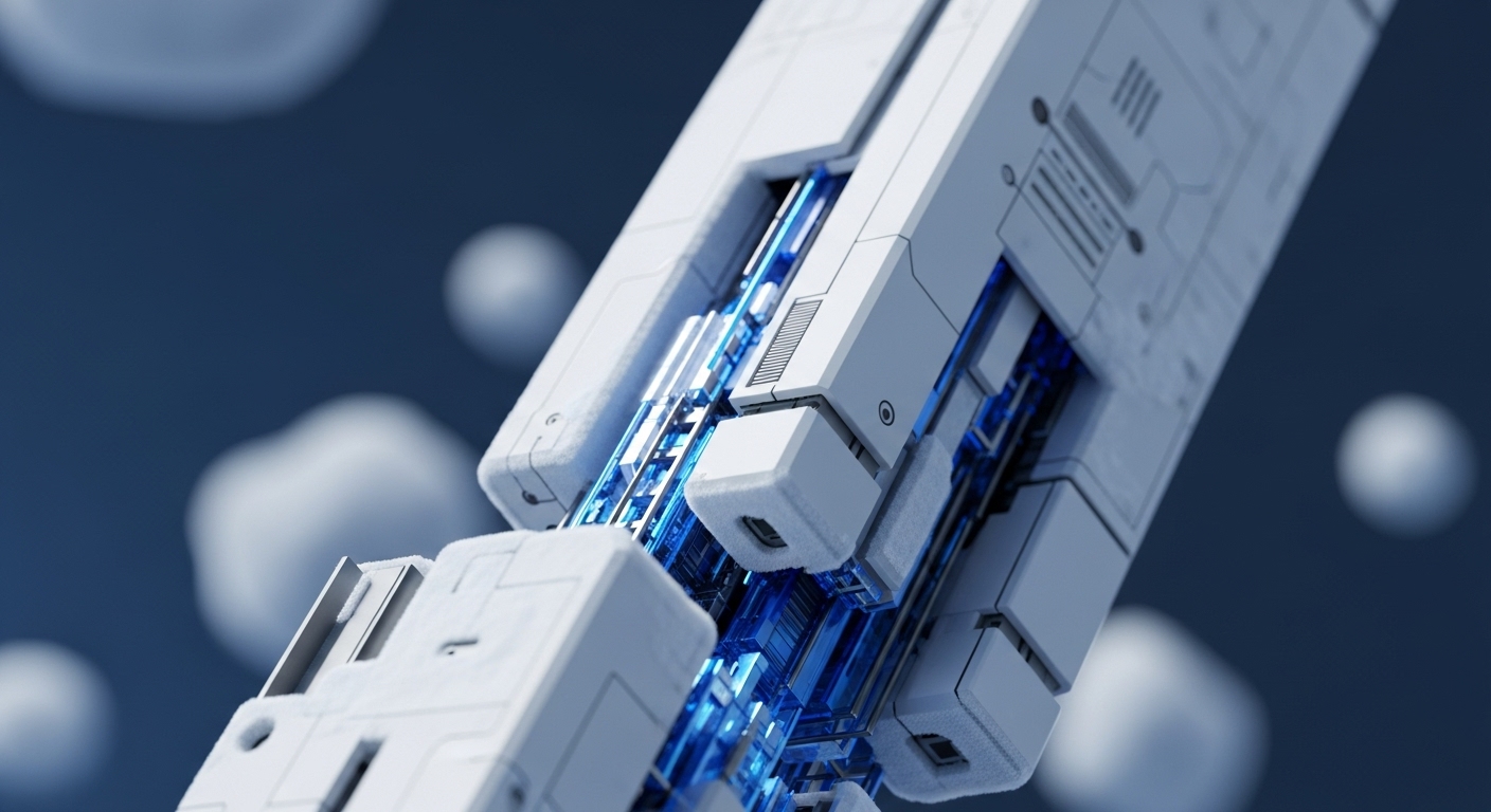 A close-up view depicts two futuristic, modular white components in the process of connecting, revealing intricate blue glowing internal structures. This represents the critical juncture of blockchain interoperability, facilitating seamless cross-chain communication. The dynamic data ledger transfer within these network architecture elements suggests efficient Layer-2 scaling solutions and robust protocol integration. Blurred background nodes evoke a distributed ledger technology DLT environment, emphasizing node synchronization and the execution of smart contract logic. This visual metaphor highlights transaction finality and the underlying Web3 infrastructure for secure digital asset integration.