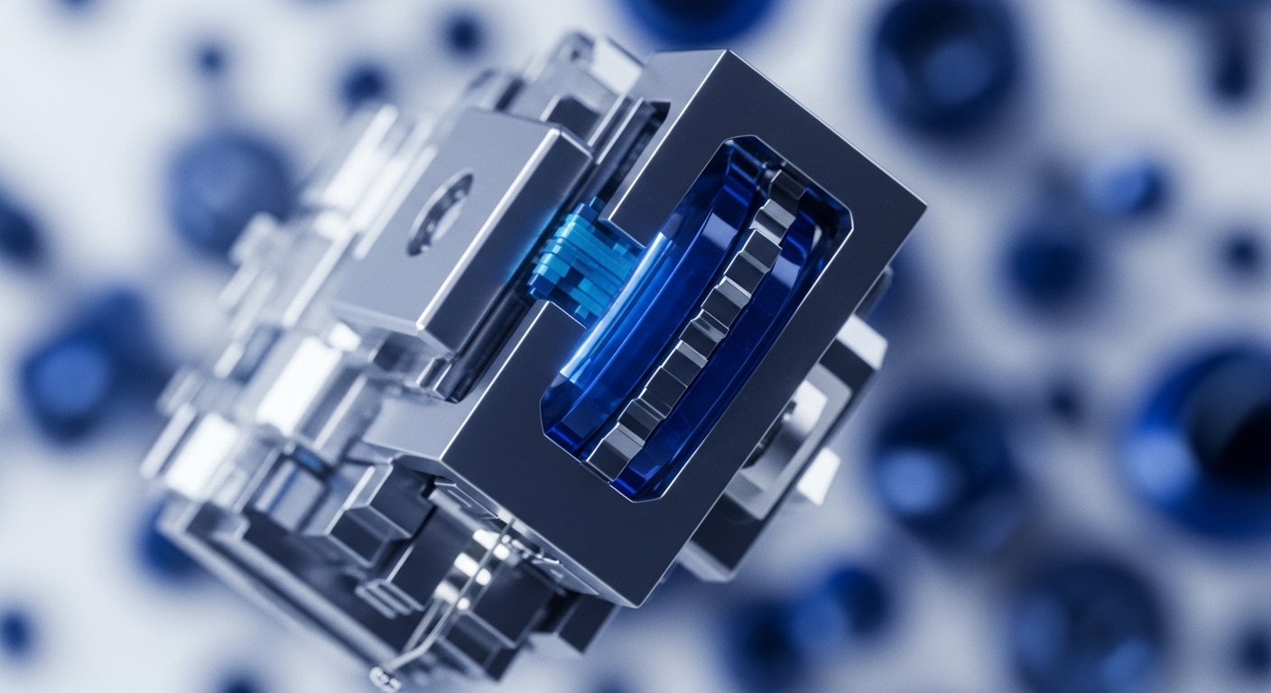 The image displays a sophisticated, metallic, cube-shaped mechanism with internal glowing blue components, set against a blurred background of luminous blue orbs. This central structure embodies a high-performance blockchain node, engineered for robust transaction processing and data immutability