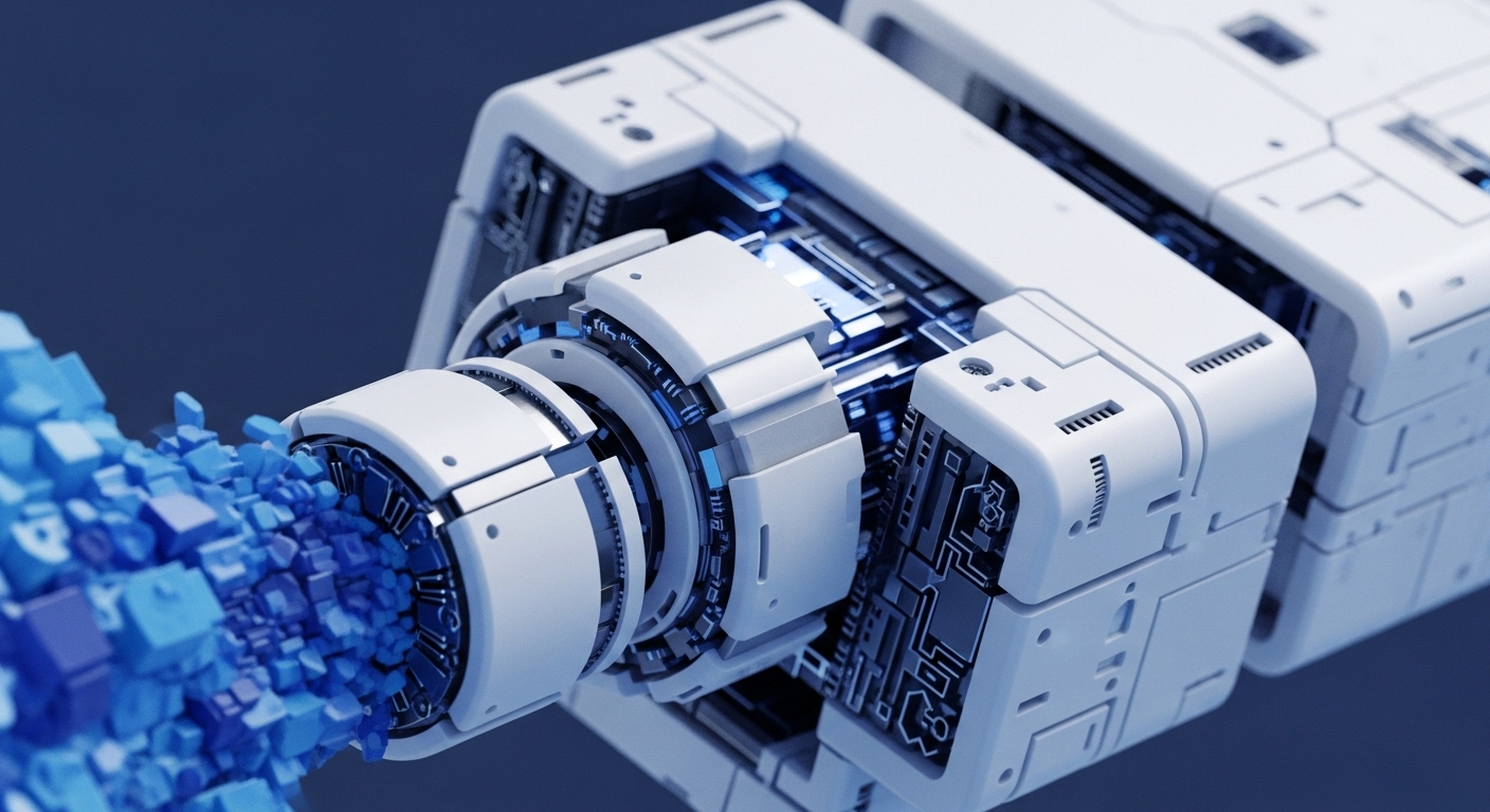 A futuristic white modular device with glowing blue internal components is shown against a dark blue background. From its front aperture, a vibrant stream of varying blue cubes emanates, appearing to flow outward