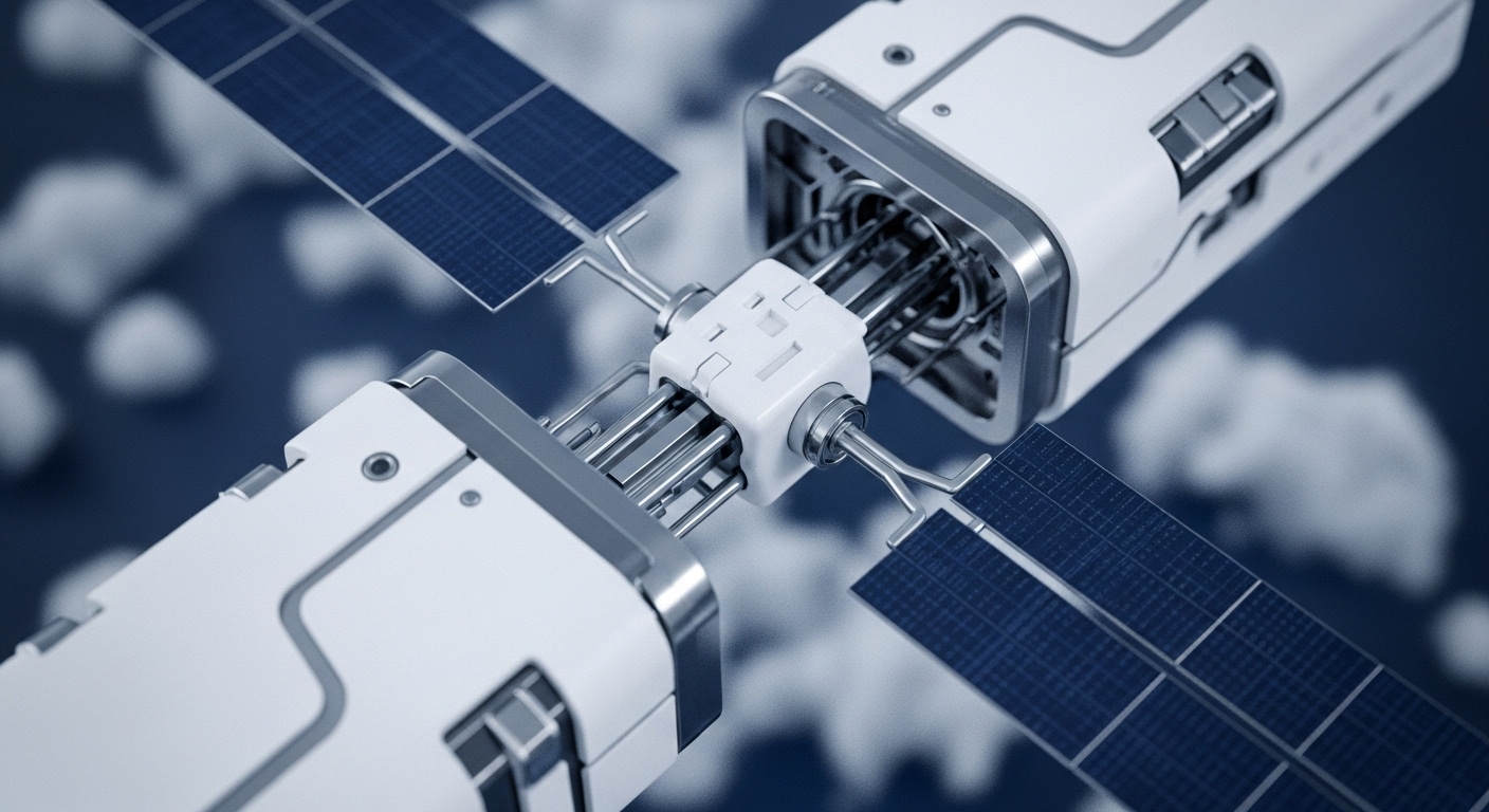 The image showcases a high-tech modular system composed of white and metallic units, connected centrally by intricate mechanisms and multiple conduits. Prominent blue solar arrays are attached, providing an energy source to the structure, set against a blurred background suggesting an expansive, possibly orbital, environment
