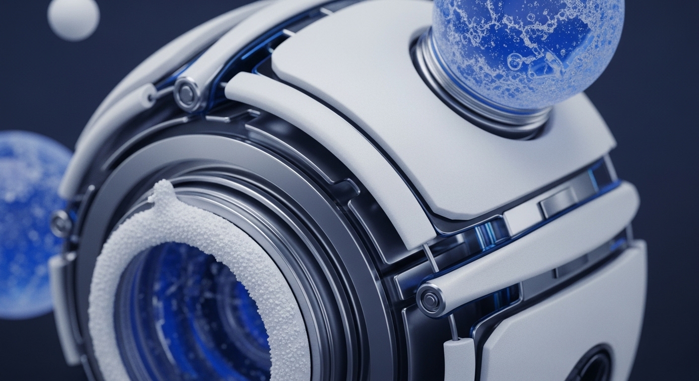 This detailed render showcases a sophisticated, spherical computing module with interlocking metallic and white composite panels. A vibrant, bubbling blue liquid sphere is integrated at the top, while a granular white-rimmed aperture reveals a glowing blue core at the front