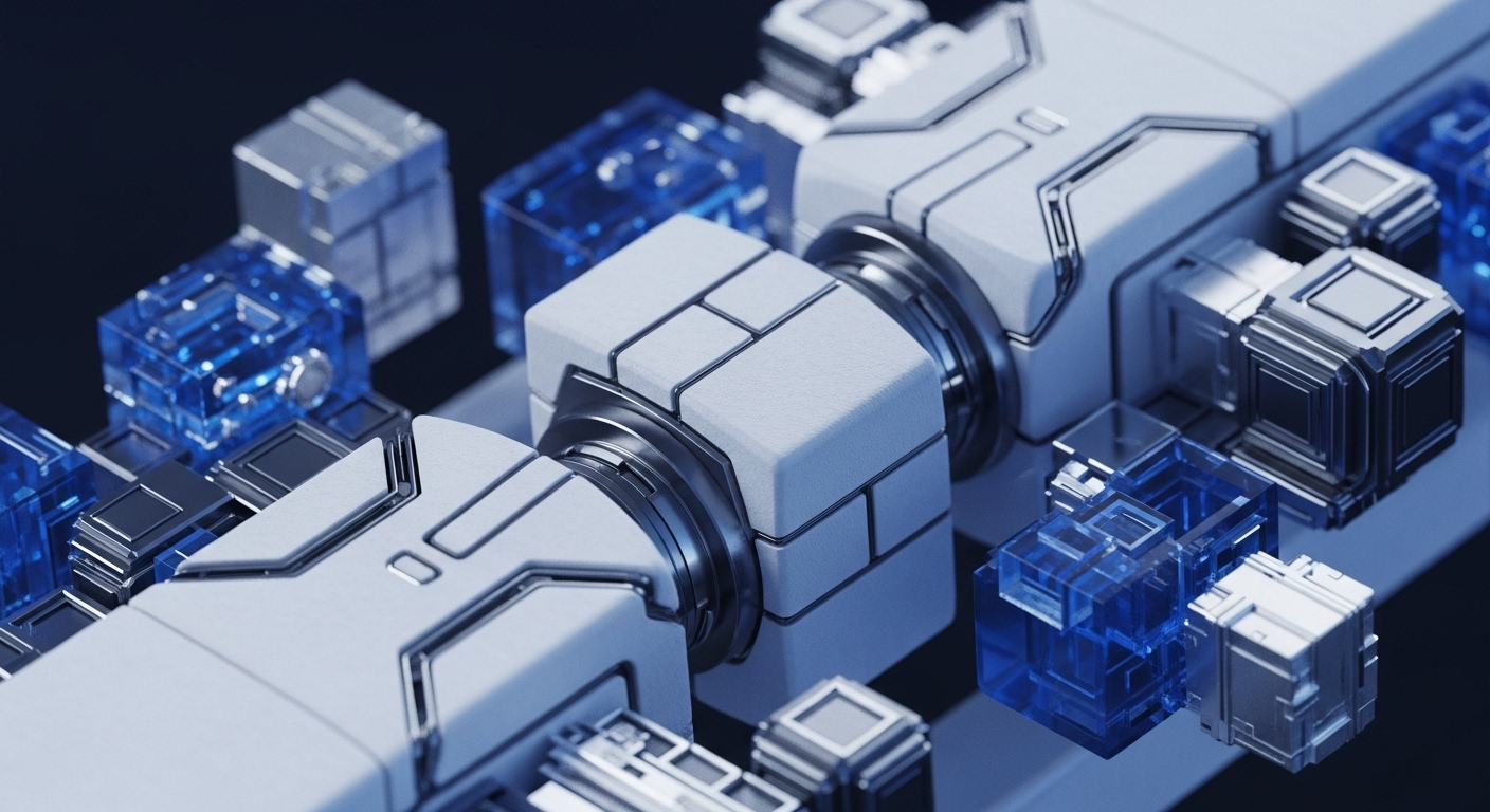 The image showcases a highly detailed, abstract representation of interconnected modular components. It features sleek, opaque white structural elements with metallic accents, seamlessly linked with transparent, crystalline blue cubic units, all arranged within a complex, organized system