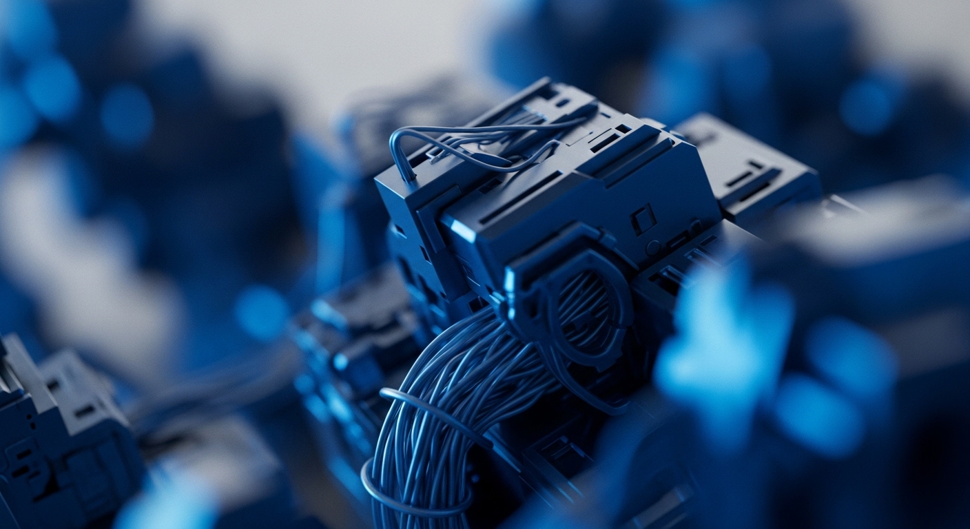 Intricate, dark blue modular components are interconnected by numerous bundled conduits. The composition emphasizes a central unit, appearing as a sophisticated processing node within a larger system. Bright blue light emanates, highlighting complex internal mechanisms and suggesting active data flow. This represents a robust distributed ledger technology DLT node network, illustrating the foundational cryptographic primitives and consensus mechanism essential for transaction throughput and interoperability in a secure Web3 infrastructure environment.