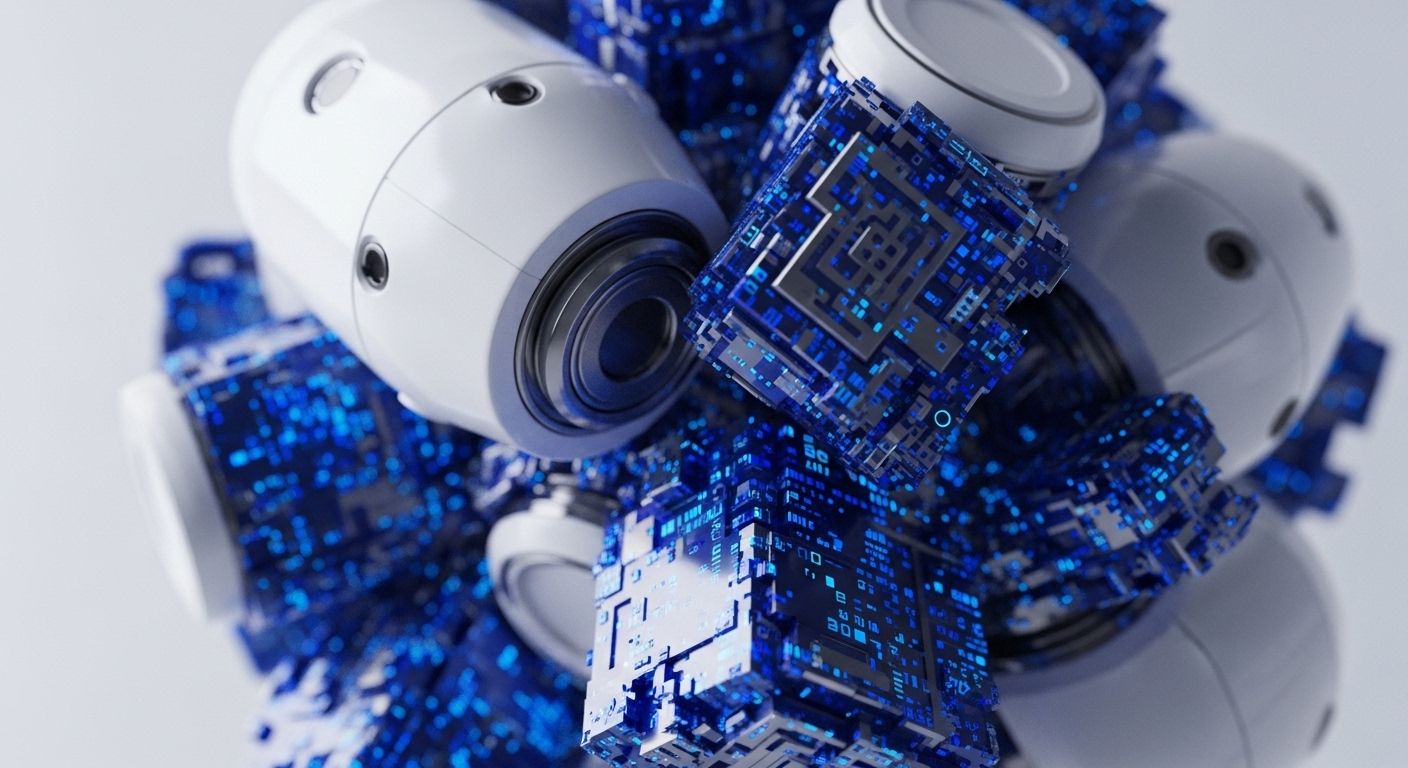 A dense cluster of sleek white cylindrical modules and vibrant blue glowing cubes with intricate circuit patterns is depicted. The composition features a shallow depth of field, focusing on the central intermingling of these distinct yet interconnected components against a soft, light background