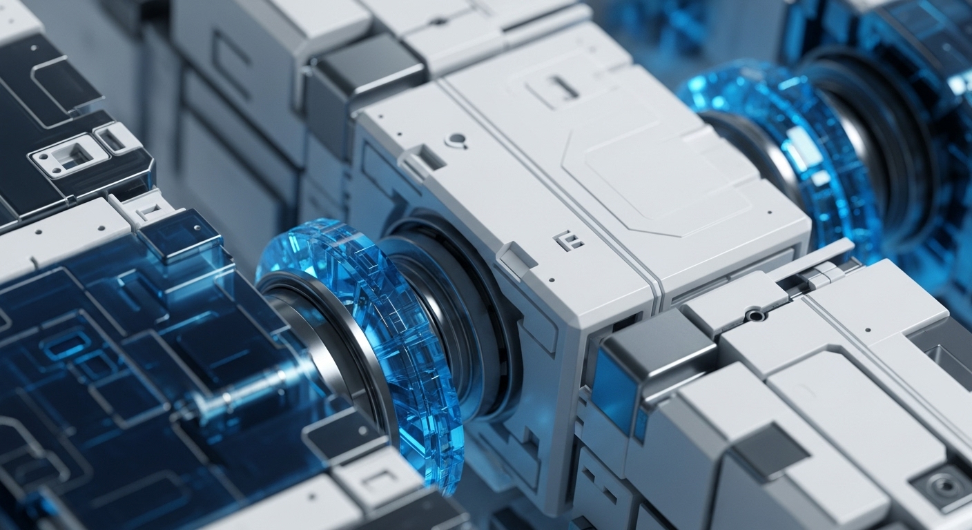 A close-up view reveals a sophisticated, modular technological apparatus featuring pristine white and dark grey panels, intricately joined. Central to the composition is a glowing, translucent blue crystalline mechanism, suggestive of a cryptographic processing unit or a consensus mechanism core. This central component appears to facilitate cross-chain interoperability within a distributed ledger technology DLT network, enabling advanced node operations and secure transaction validation.