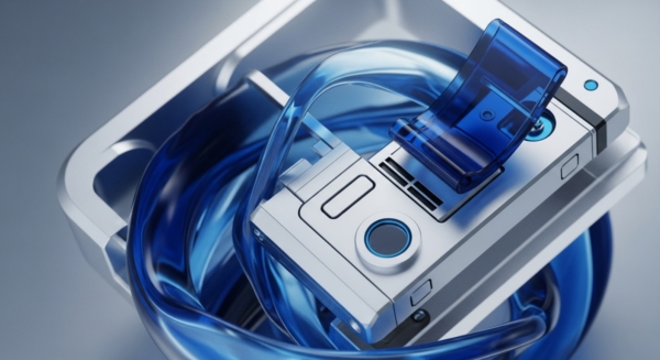 A sleek, metallic modular device, reminiscent of a next-generation hardware wallet or secure enclave, is central, enveloped by a dynamic, translucent blue stream. This visual metaphor suggests robust data integrity and seamless liquidity flow within decentralized finance DeFi ecosystems. The device features a prominent circular interface, potentially for biometric authentication or private key management, alongside rectangular inputs, indicating advanced cryptographic primitives. Its design emphasizes secure cold storage for digital assets, ensuring transaction finality and protecting against unauthorized access, crucial for Web3 infrastructure and non-custodial solutions.