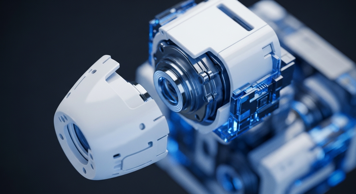 A white, high-tech module is shown partially separated, revealing glowing blue internal components and metallic rings. The detached front section features a circular opening, while the main body displays intricate, illuminated circuitry