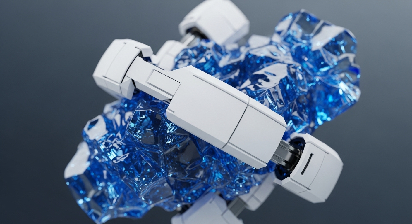 A visually striking composition features interlocking white, geometric components forming a protective cage around a vibrant, fragmented blue crystalline structure. The translucent blue core glows with internal light, contrasting sharply with the matte, angular white elements