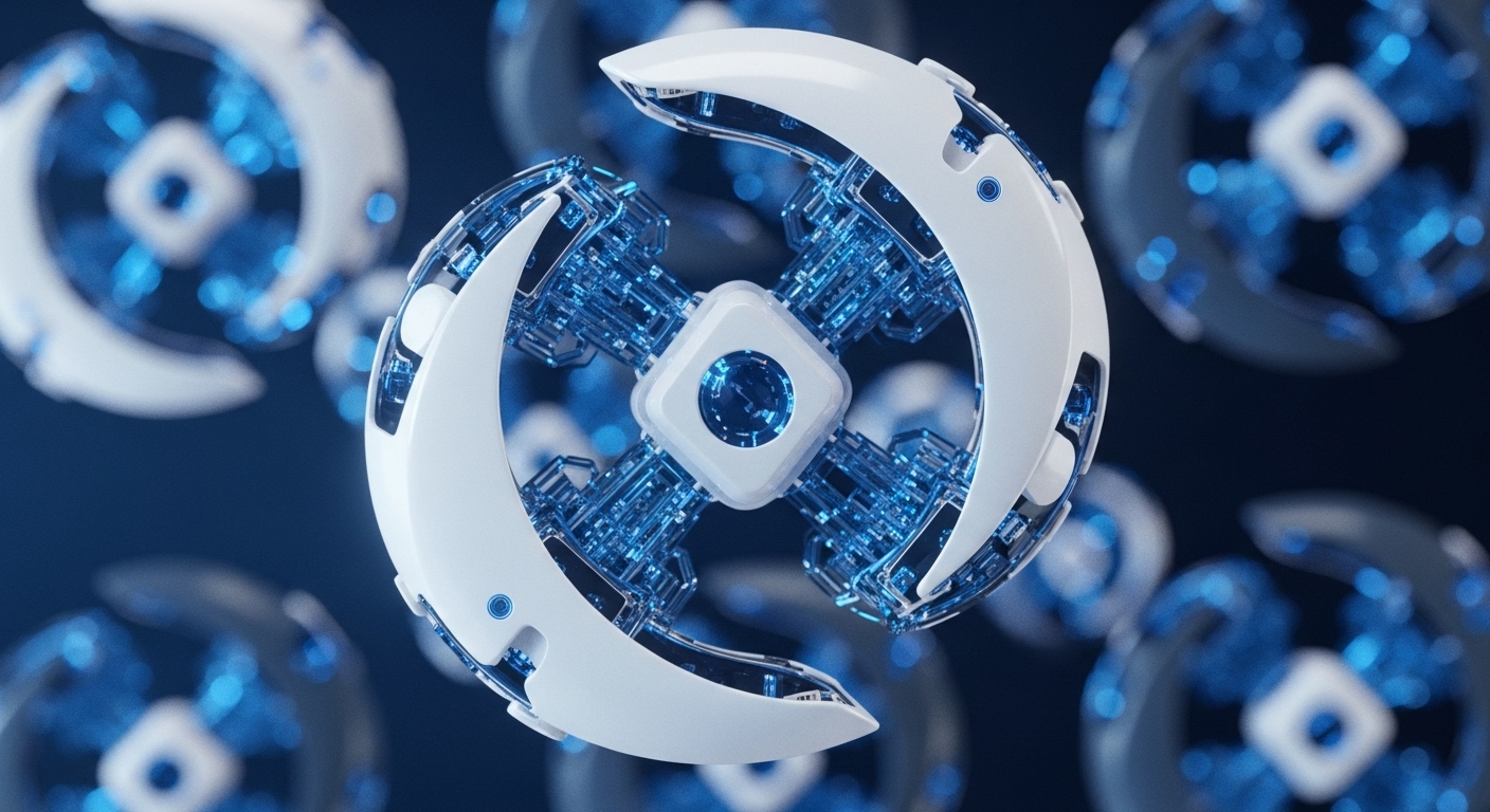 A highly detailed 3D rendering displays multiple advanced white and translucent blue mechanical structures, with a prominent central unit in sharp focus. This central unit features a square core glowing with blue light, surrounded by four symmetrically arranged white components that reveal intricate blue internal workings
