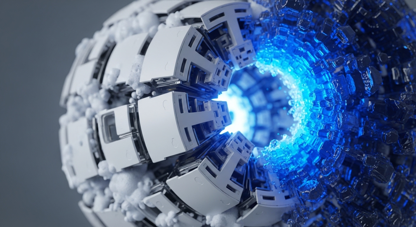 A close-up view reveals a complex, spherical, mechanical structure. Its left side is composed of white, modular, interlocking segments with frosted details, while its right side forms a bright blue, glowing tunnel made of crystalline, block-like elements