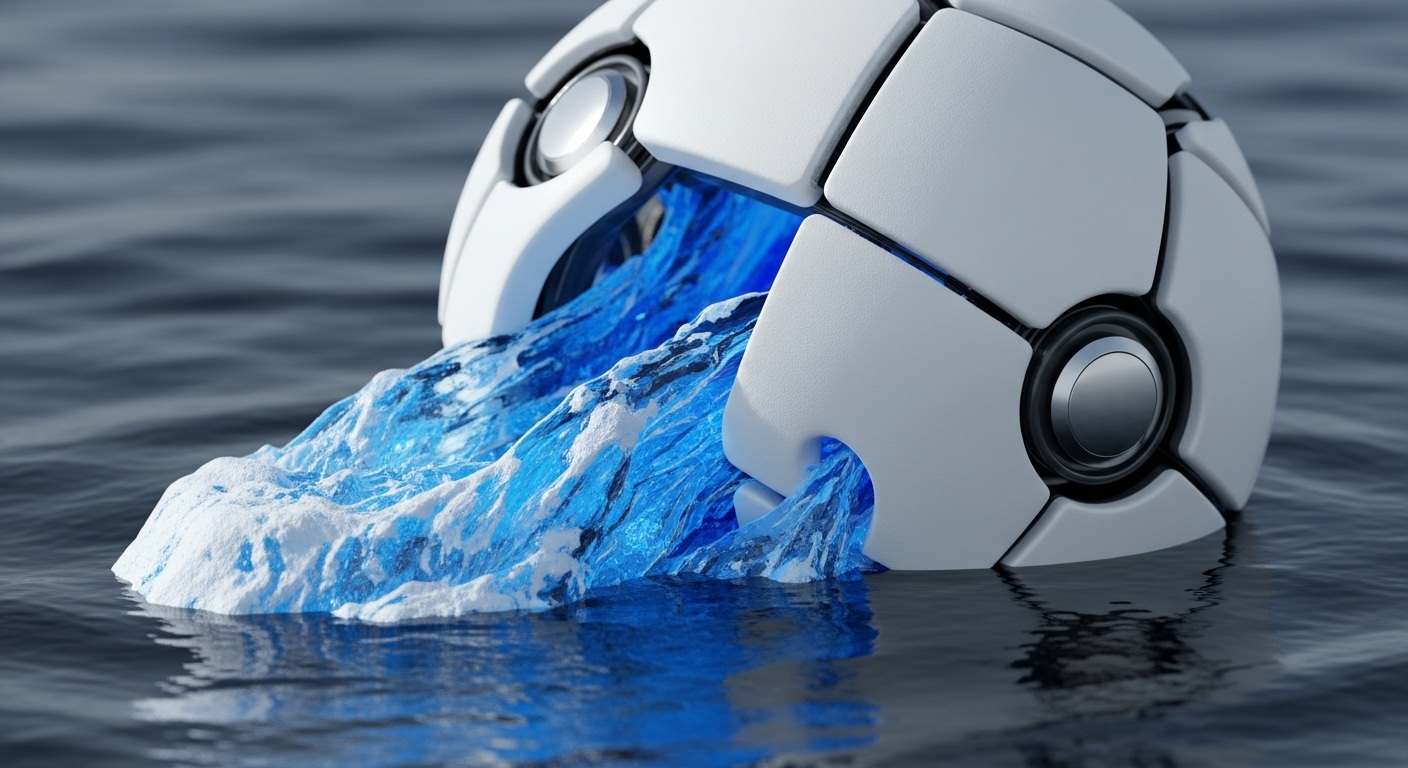 A futuristic, segmented white sphere is partially submerged in dark, reflective water, with vibrant blue, crystalline formations emerging from its central opening. These icy structures spill into the water, forming a distinct mass on the surface