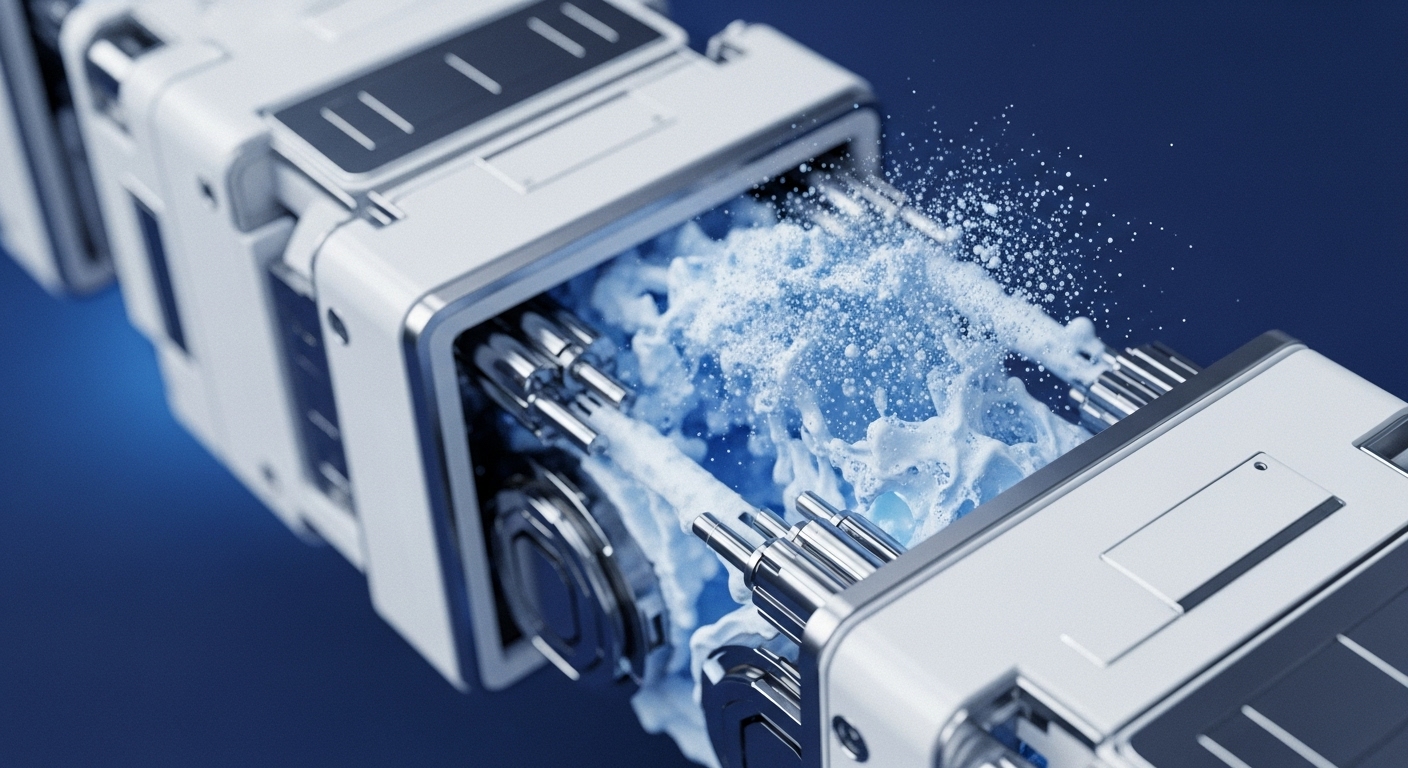 A sophisticated, futuristic machine composed of interconnected white and metallic modules is depicted, with a vibrant blue liquid or energy vigorously flowing and splashing within an exposed central segment. Internal mechanisms are visible, propelling the dynamic blue substance through the system