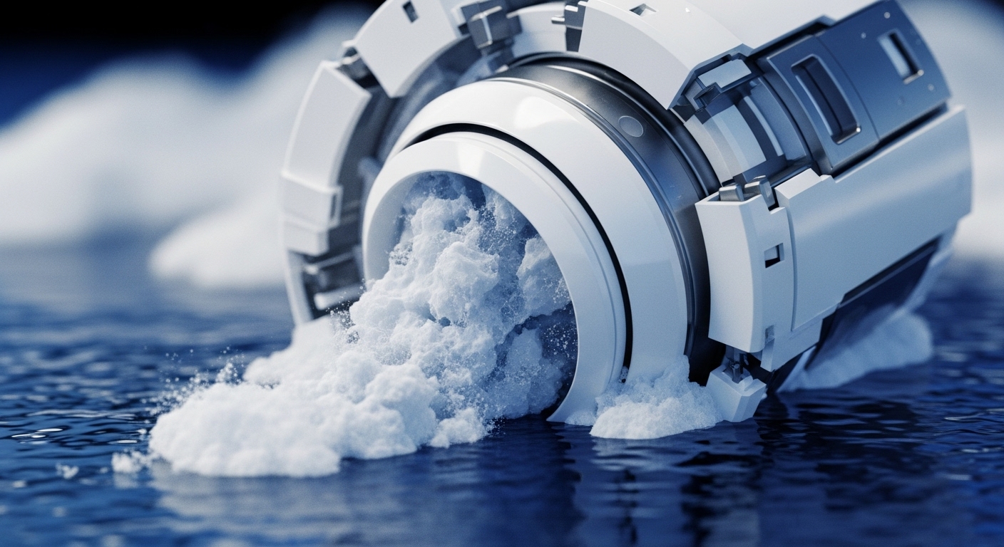 A modern, white and metallic cylindrical apparatus lies partially submerged in dark blue, rippling water, actively discharging a large volume of white, powdery substance. The substance forms a significant pile both emerging from the device and spreading across the water's surface