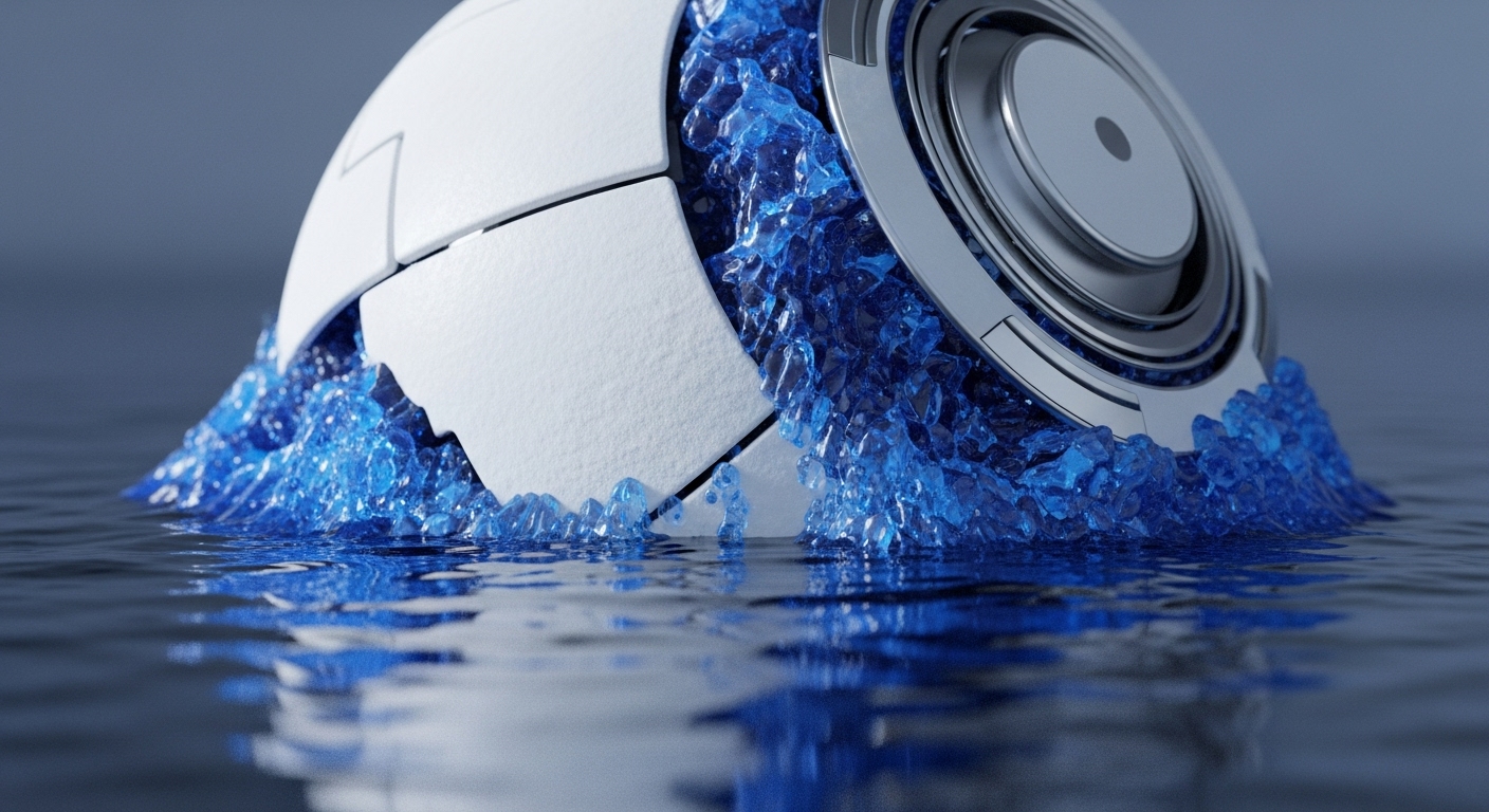 A white, segmented, spherical object with a metallic component is partially submerged in dark water. Blue, crystalline fragments emanate from the object, interacting with the water's surface