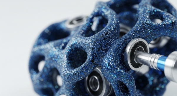 A close-up view reveals a complex, open-lattice structure, shimmering in deep blue with a granular texture, suggesting a sophisticated validator node framework. Multiple metallic bearings, representing individual network participants or transaction processors, are integrated into its design. One bearing actively engages with a precision metallic tool, symbolizing protocol execution or on-chain governance adjustments. This intricate assembly evokes a decentralized autonomous organization DAO or a distributed ledger technology DLT architecture, emphasizing interoperability and scalability within a robust consensus mechanism for digital asset security.