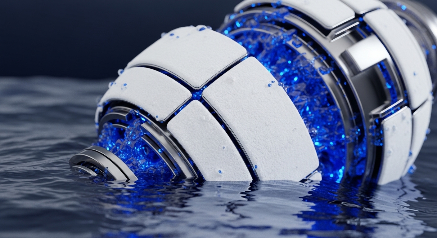 A futuristic, segmented white and metallic spherical object is partially submerged in dark, rippling water. Its internal core radiates a vibrant blue, crystalline glow, with water droplets clinging to its textured surface