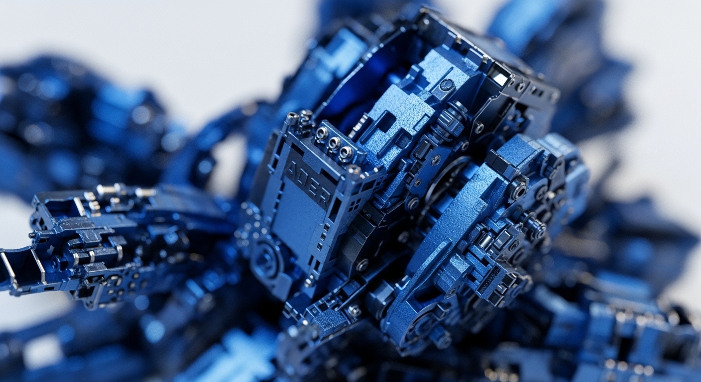 An intensely detailed, metallic blue mechanical assembly dominates the frame, showcasing a complex arrangement of modular components, precision-engineered surfaces, and visible connection points. The structure exhibits a high degree of technical sophistication, with various textures ranging from smooth to finely granulated, and subtle reflections highlighting its robust construction