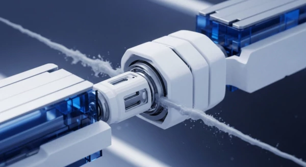 A sophisticated, modular mechanism featuring white structural components and translucent blue internal sections. A dynamic, frothy white stream flows through the system, entering from the left, passing a central connection unit, and exiting to the right, with visible effervescence. This visually represents a high-throughput blockchain interoperability solution, facilitating transaction finality across diverse networks. The transparent elements suggest on-chain data visibility and validator node transparency, crucial for distributed ledger technology integrity and secure digital asset transfer in a robust Web3 infrastructure.