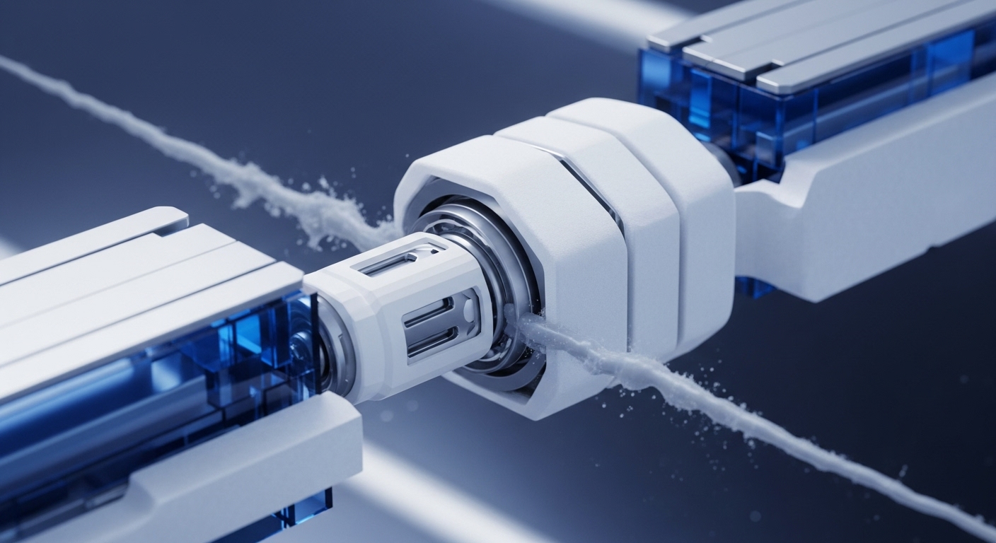 The image displays a clean, high-tech mechanism constructed from white, angular modules and transparent blue internal sections. A turbulent, frothy white stream is seen actively flowing through the system, connecting two distinct components