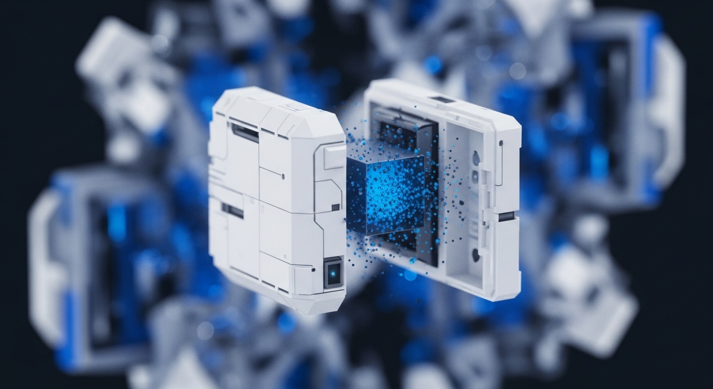 Two sophisticated white modular devices are shown in a state of dynamic interaction, with a luminous blue cube and radiating particles connecting their open interfaces. The background features blurred, similar technological components, suggesting a vast, interconnected system