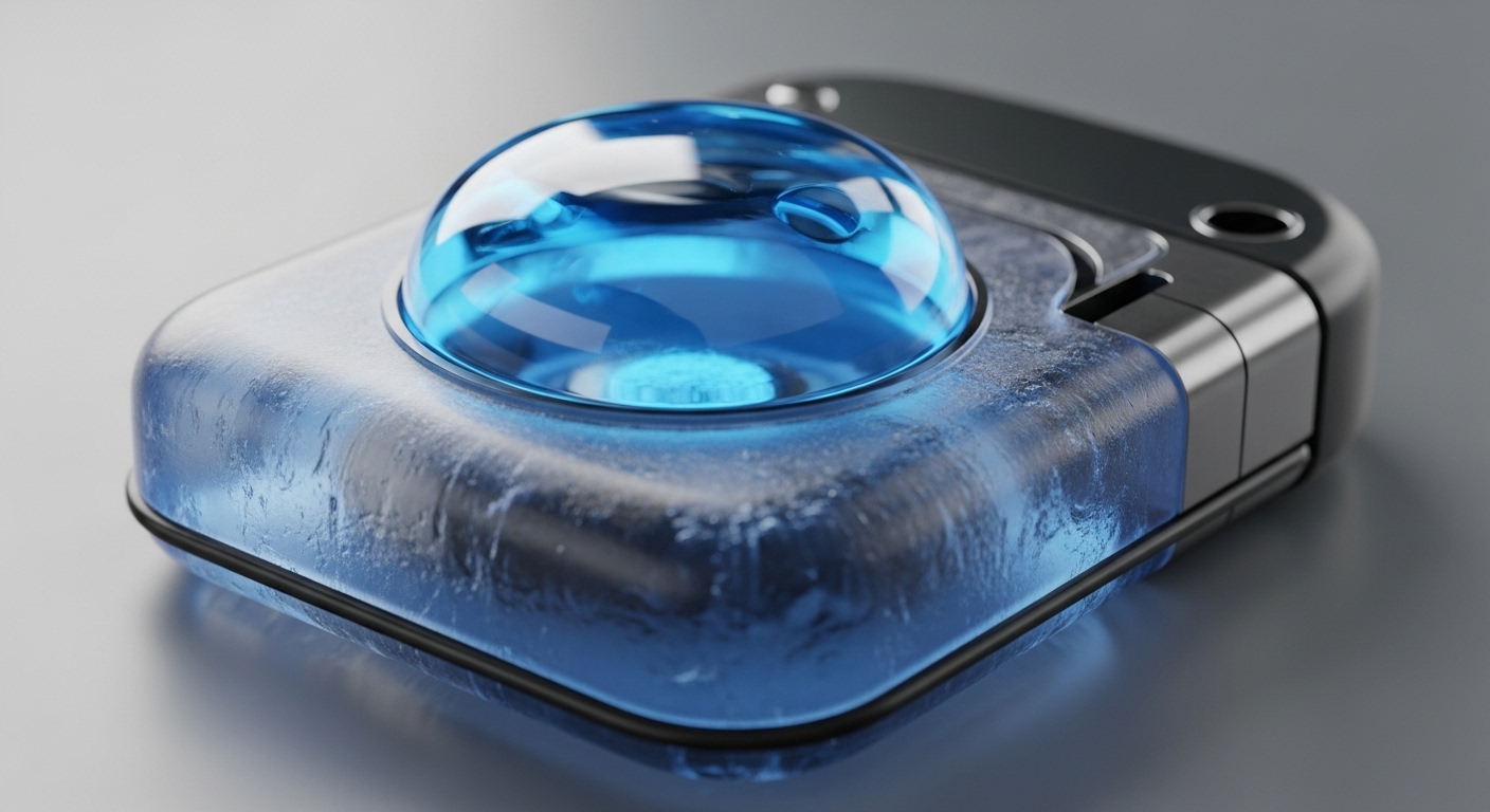 A sophisticated, compact hardware wallet, featuring a frosted, translucent blue chassis suggesting advanced cold storage capabilities. A prominent clear blue dome encapsulates a liquid-like substance, symbolizing a secure enclave for cryptographic keys and sensitive seed phrase data. The device's robust design implies immutable ledger protection for digital assets, ensuring non-custodial ownership. Its sleek form factor and subtle metallic accents highlight next-generation blockchain security protocols, vital for decentralized finance DeFi participants. This secure element facilitates multi-factor authentication and private key management, safeguarding against unauthorized transaction signing.