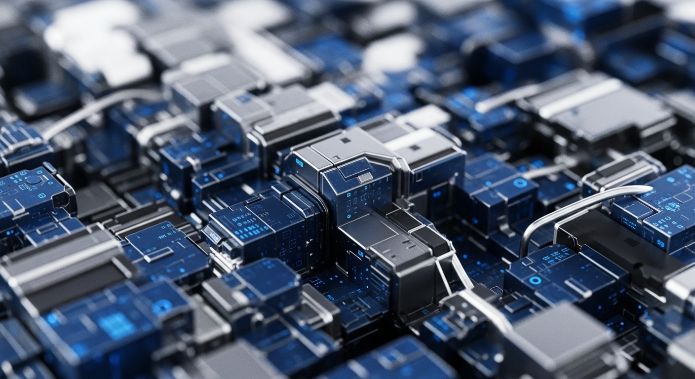 A dense array of futuristic, metallic and dark blue modular components are interconnected in a complex grid. Bright blue light emanates from various points on the surfaces, indicating active electronic processes within the intricate hardware