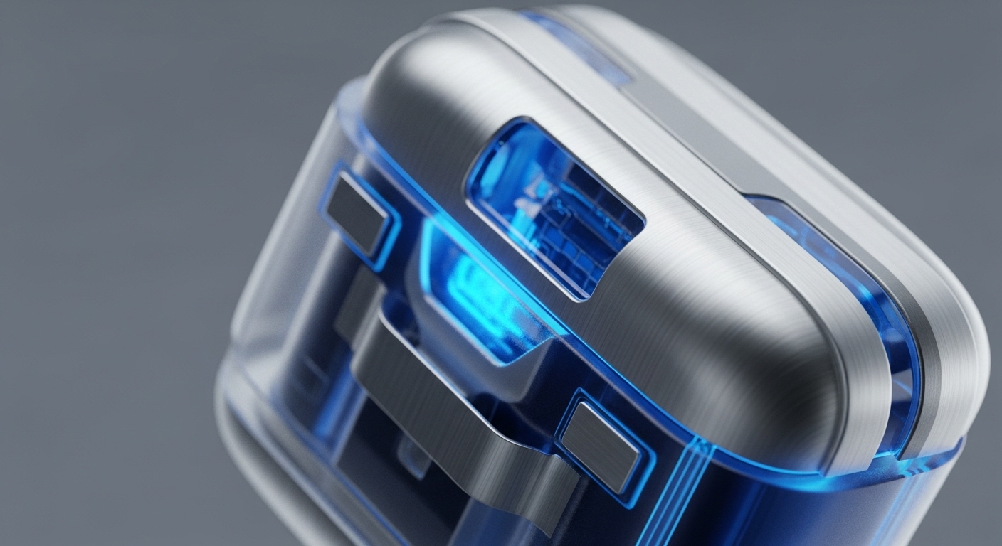 A sleek, brushed metallic device features transparent sections revealing intricate, glowing blue internal components. This advanced cryptographic module represents a secure element for digital asset custody, designed to protect private keys and facilitate immutable transaction signing. Its robust hardware architecture ensures cold storage security, crucial for safeguarding blockchain assets within a decentralized infrastructure. The luminous internal structure symbolizes active cryptographic operations and secure data processing, vital for maintaining trustless environments.