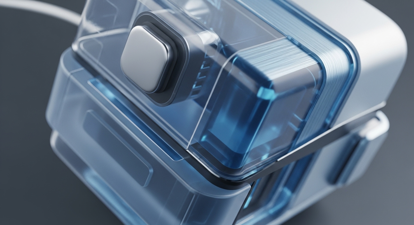 A sophisticated, multi-component device showcases transparent blue panels revealing complex internal mechanisms and a prominent silver control button. The modular design features stacked elements, suggesting specialized functionality and robust construction