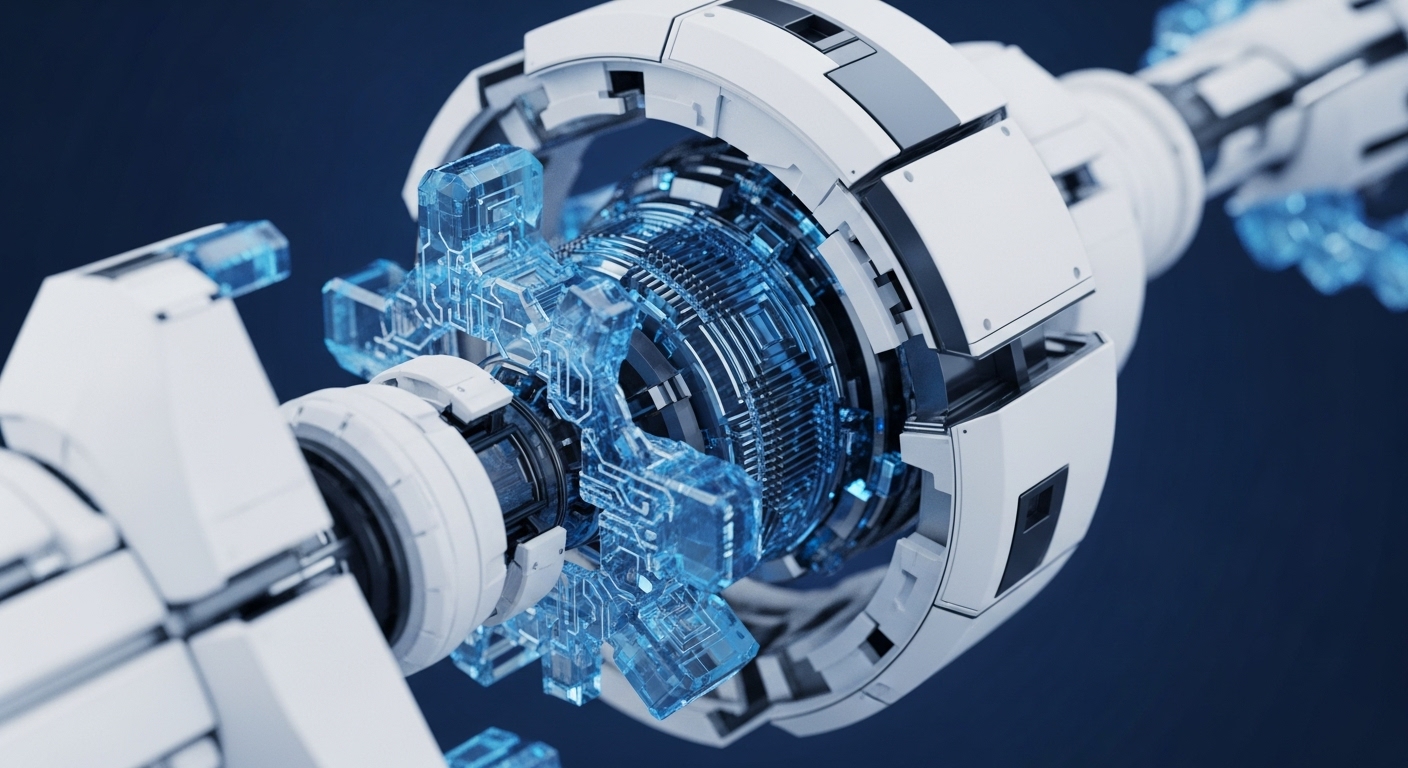 A futuristic, white and grey mechanical assembly dominates the frame, showcasing a complex central hub with exposed internal components. Glowing electric blue translucent elements, intricately patterned like advanced circuitry, are visible within the core, extending outward in a modular fashion, suggesting active data flow
