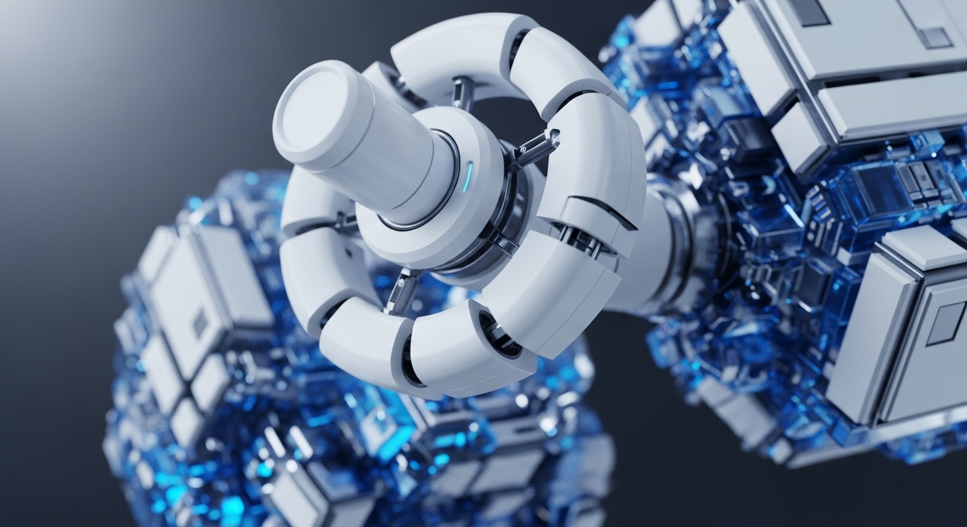 A futuristic white cylindrical mechanism with segmented components is prominently displayed, flanked by intricate structures of glowing blue, translucent cubes. These illuminated cubes appear to be interconnected data blocks, forming a complex digital infrastructure