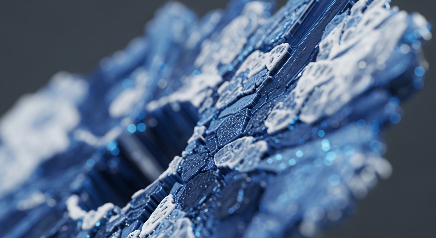 The image presents an intricate, abstract visualization of interconnected, polygonal structures in varying shades of deep blue and frosty white. Sharp crystalline facets, reminiscent of a blockchain architecture, are visible, interspersed with sparkling on-chain data points. This detailed perspective suggests the complex interplay of cryptographic hash functions and node synchronization within a distributed ledger technology. The layered composition evokes the sequential nature of block propagation and transaction validation, emphasizing data integrity and network consensus in a decentralized autonomous organization's immutable record.