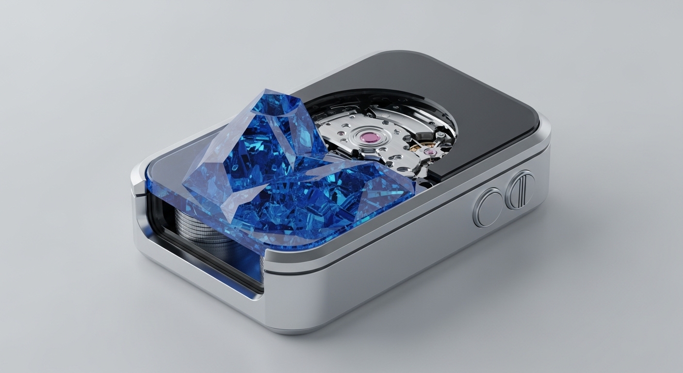A sleek, silver-framed device features a large, faceted blue crystal on one side and an exposed mechanical watch movement on the other, resting on a light grey surface. The crystal sits above a stack of coins, while the watch mechanism is integrated into a dark, recessed panel