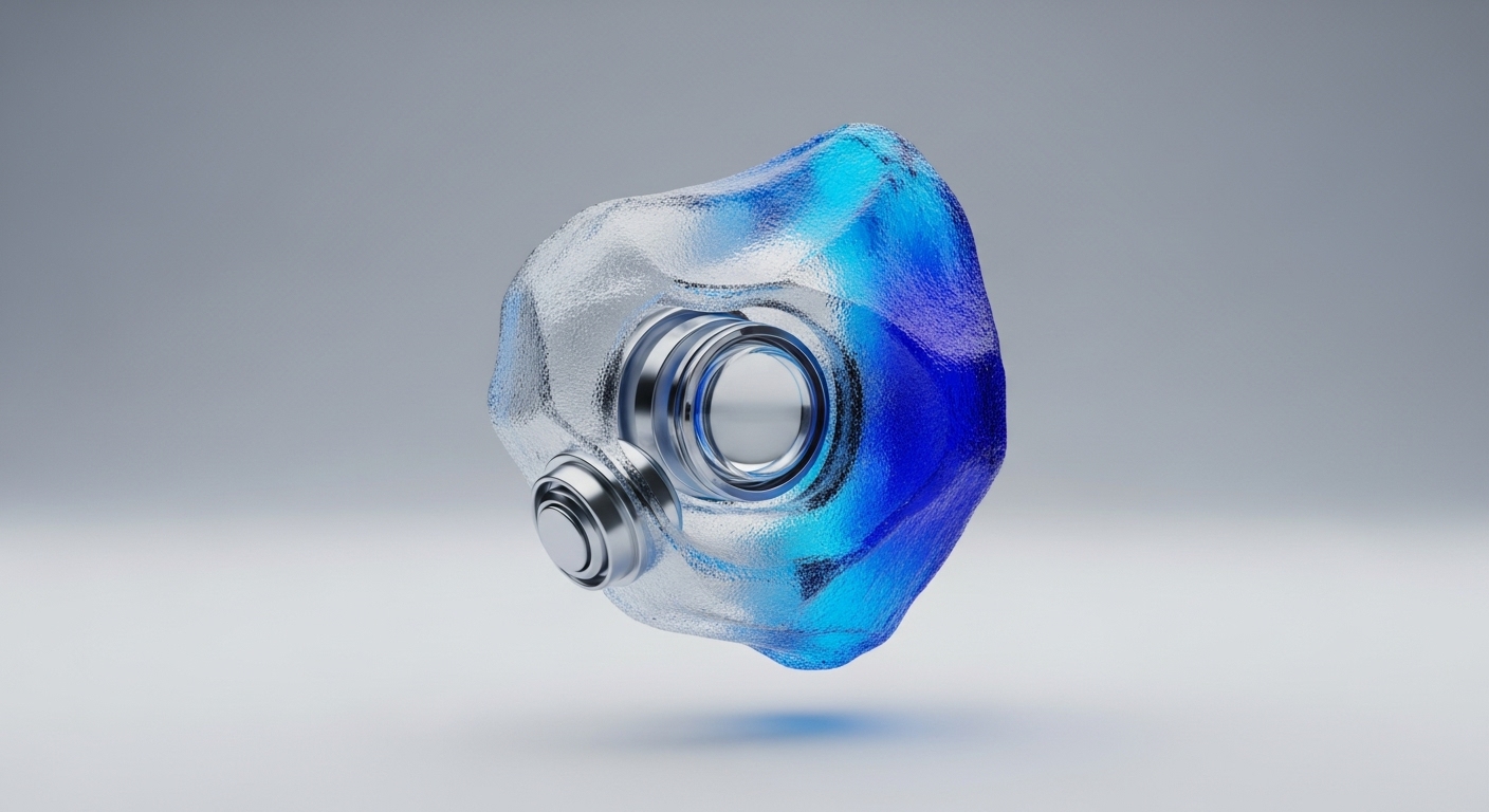 A visually striking, abstract object floats against a soft grey-white gradient background, featuring a textured, translucent surface that shifts from clear to deep blue. Two highly polished metallic cylindrical modules are integrated into its core, with a prominent central component and a smaller one positioned below